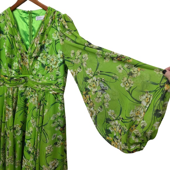 Ieena Mac Duggal Green Floral Chiffon V-Neck Maxi Dress Gown Size 14 Romantic - Picture 8 of 16